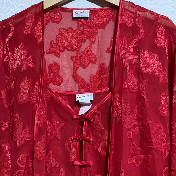 Linda Montreal women's L Red Floral‎ Lace Kimono Robe vintage gown Lingerie Set - Picture 9 of 9